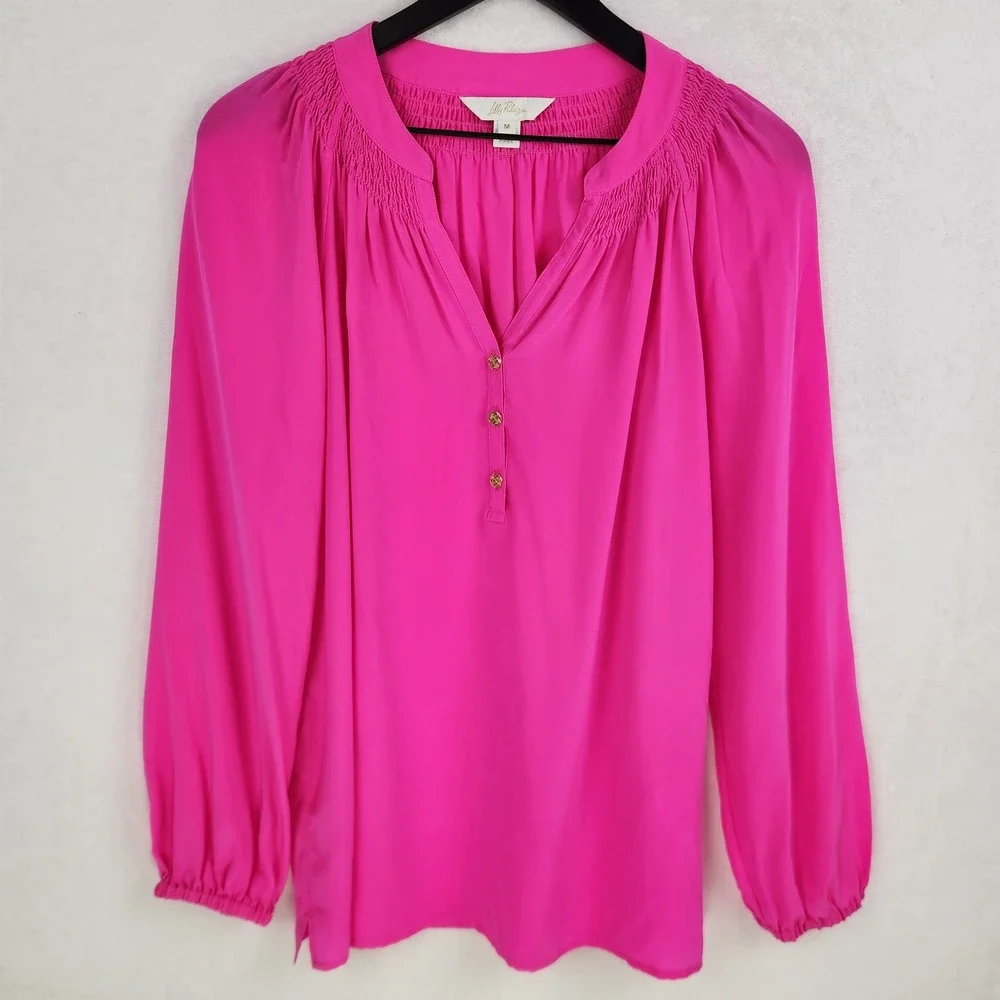 Lilly Pulitzer Silk Blouse Womens Medium Fuschia Pink Resortwear Tropical Chic